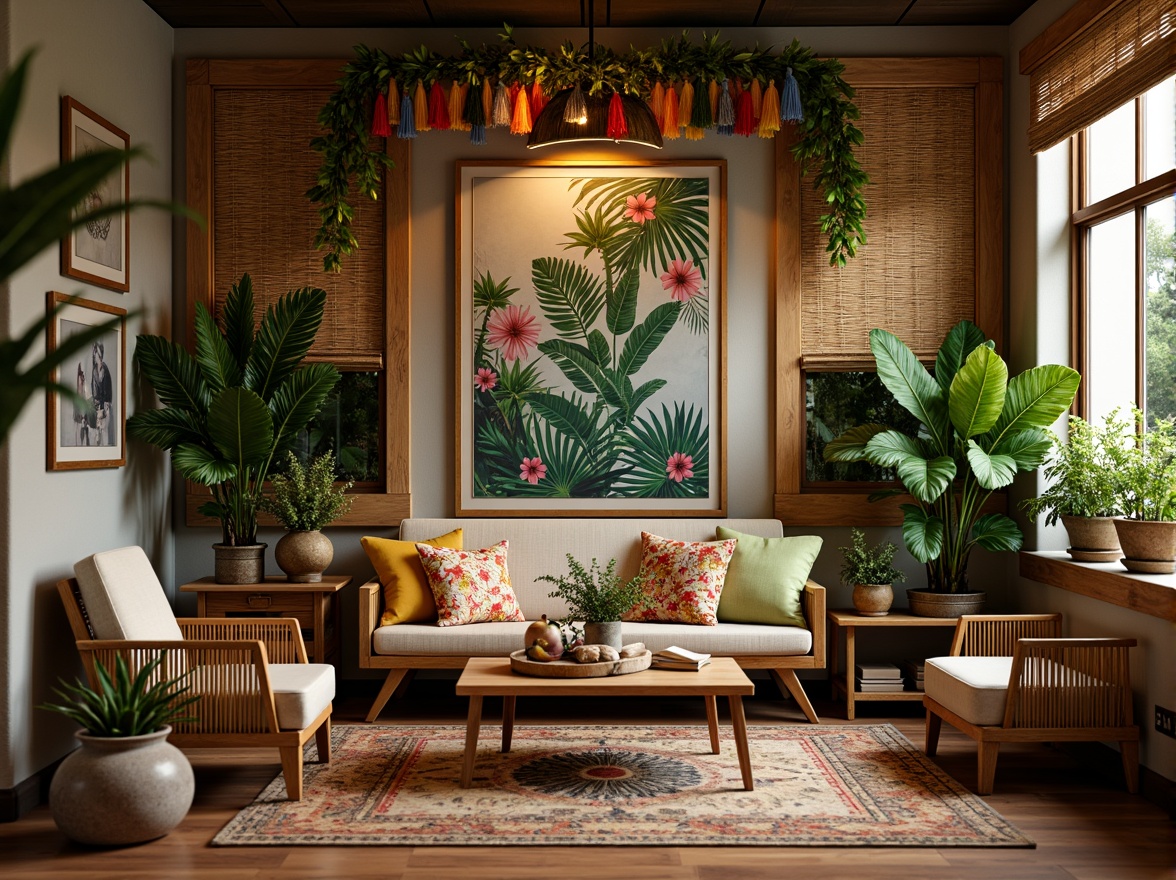 Prompt: Vibrant tropical colors, exotic wood textures, woven rattan furniture, lush greenery, palm fronds, natural fiber rugs, wooden accents, earthy tones, botanical prints, floral patterns, soft warm lighting, shallow depth of field, 3/4 composition, cozy reading nook, plush throw pillows, woven bamboo blinds, reclaimed wood wall panels, organic shapes, ethnic-inspired decor, colorful tassels, relaxed ambiance.