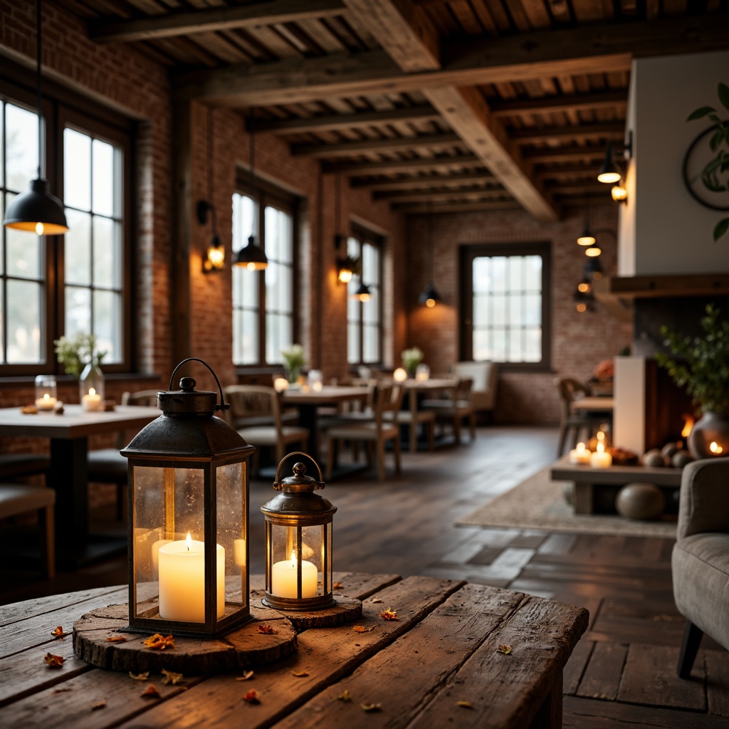 Prompt: Rustic wooden beams, exposed brick walls, vintage metal lanterns, warm candlelight, soft pendant lights, industrial-style metal shades, distressed wood accents, natural stone floors, cozy fireplaces, earthy color palette, autumnal leaves, misty morning light, shallow depth of field, 1/1 composition, realistic textures, ambient occlusion.