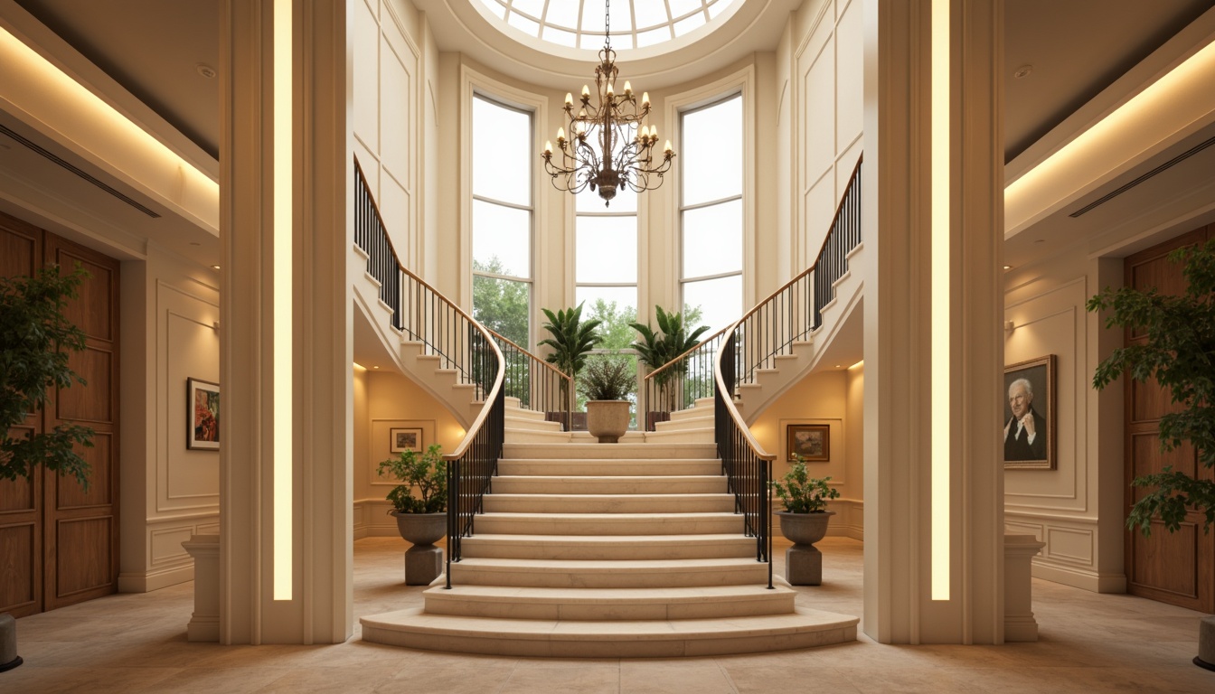 Prompt: \Elegant staircase, grand foyer, luxurious chandelier, soft warm glow, ambient lighting, LED strip lights, sleek handrails, polished metal balusters, marble or granite steps, creamy white walls, ornate newel posts, dramatic ceiling heights, warm beige carpeting, subtle color contrasts, 1/2 composition, shallow depth of field, warm afternoon light, realistic textures, ambient occlusion.\Let me know if this meets your requirements!