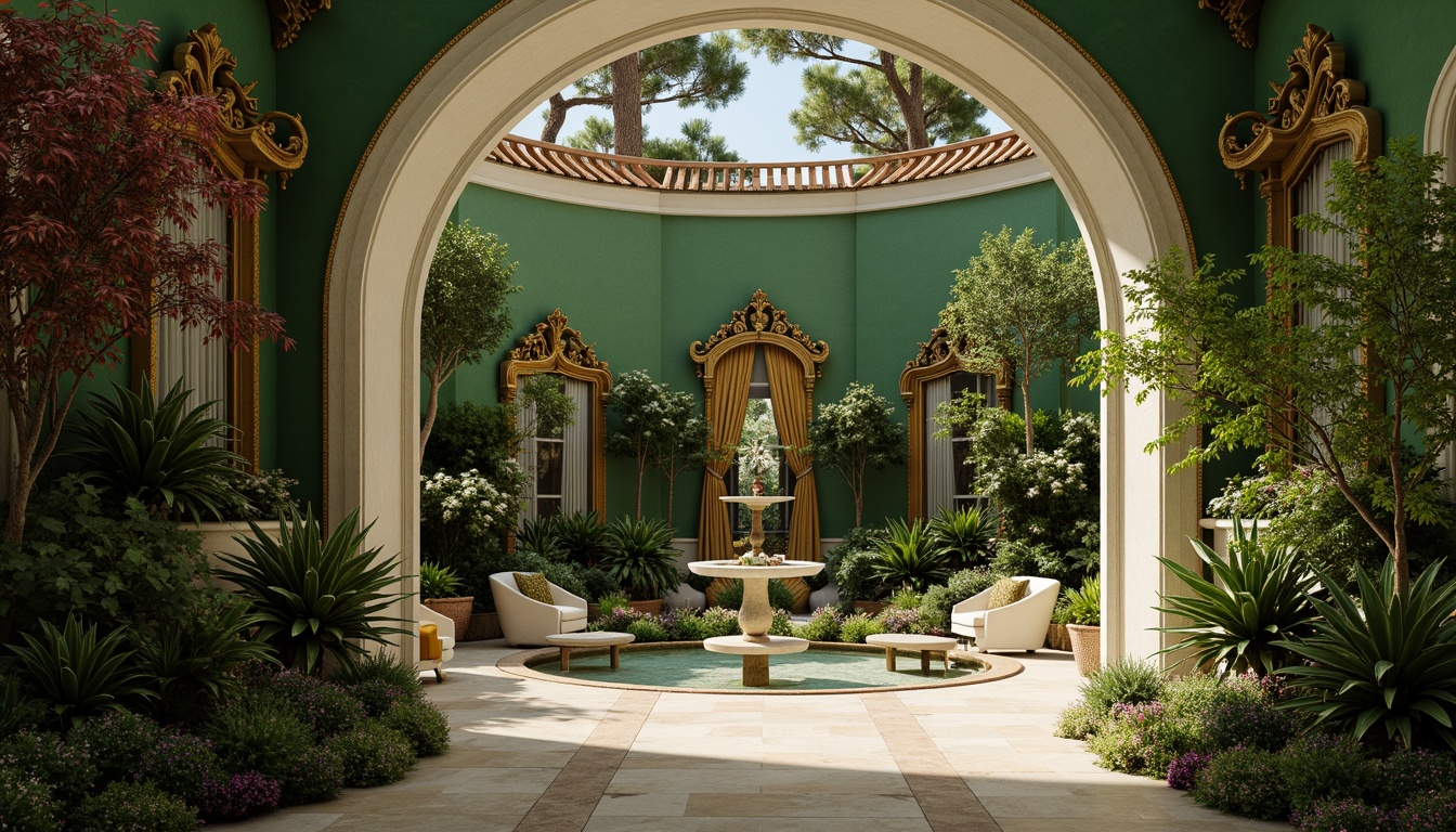 Prompt: Ornate indoor garden, lush green walls, curved Rococo archways, gilded mirrors, ornamental fountains, intricate stone carvings, velvet drapes, lavish furnishings, pastel color palette, soft warm lighting, shallow depth of field, 1/1 composition, intimate atmosphere, realistic textures, ambient occlusion.