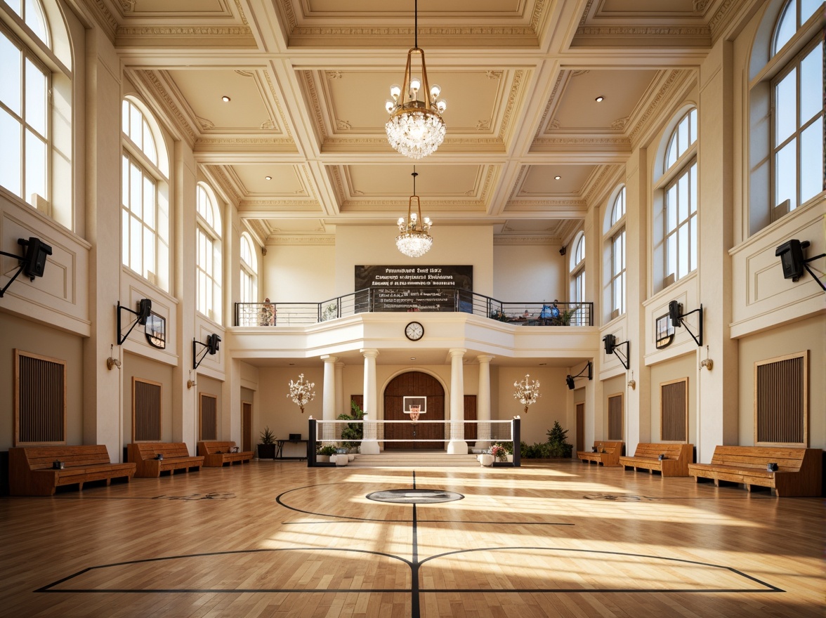 Prompt: Grand gymnasium, neoclassical architecture, high ceilings, ornate moldings, wooden floors, elegant chandeliers, cream-colored walls, classic columns, archways, symmetrical layout, rows of wooden benches, athletic equipment, basketball hoops, volleyball nets, exercise machines, free weights, mirrors, motivational quotes, natural light, soft warm lighting, 1/2 composition, shallow depth of field, realistic textures, ambient occlusion.