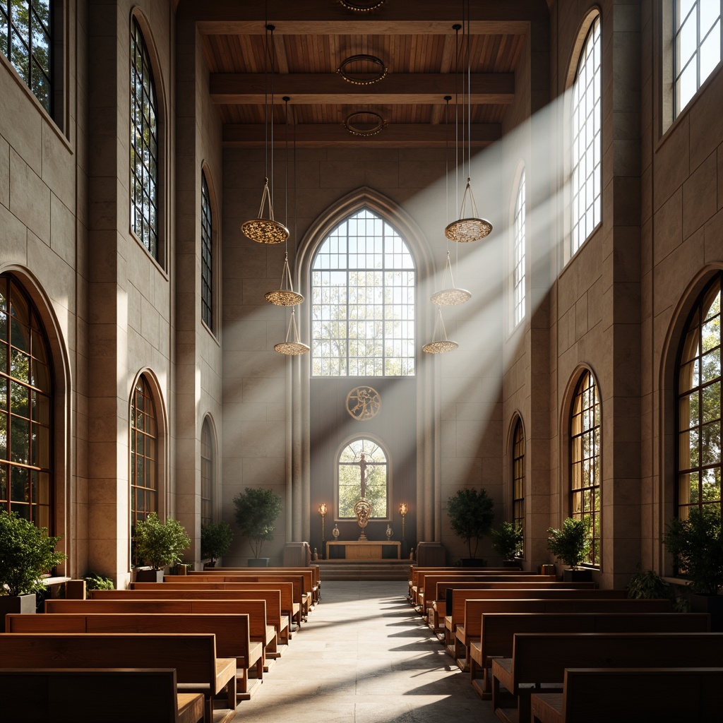 Prompt: Contemporary church interior, high ceilings, stained glass windows, natural light pouring in, warm ambient lighting, soft LED illumination, elegant chandeliers, minimalist pendant lights, subtle color temperature changes, dramatic spotlights, spiritual ambiance, wooden pews, ornate altars, vaulted arches, limestone walls, abstract sculptures, serene atmosphere, early morning sunbeams, gentle shadows, 1/1 composition, high contrast ratio, realistic textures, atmospheric fog.