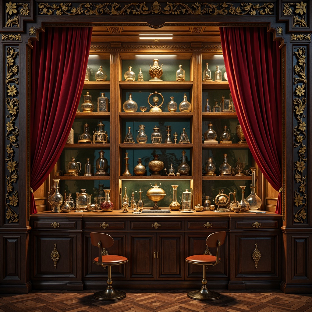 Prompt: Rich apothecary cabinets, ornate gilded frames, luxurious velvet drapes, warm golden lighting, antique scientific instruments, distressed wood accents, mysterious alchemy symbols, lavish crimson reds, deep blues, emerald greens, metallic golds, vintage laboratory equipment, intricate ornamental details, soft misty atmosphere, cinematic low-key lighting, 1/2 composition, realistic textures, ambient occlusion.