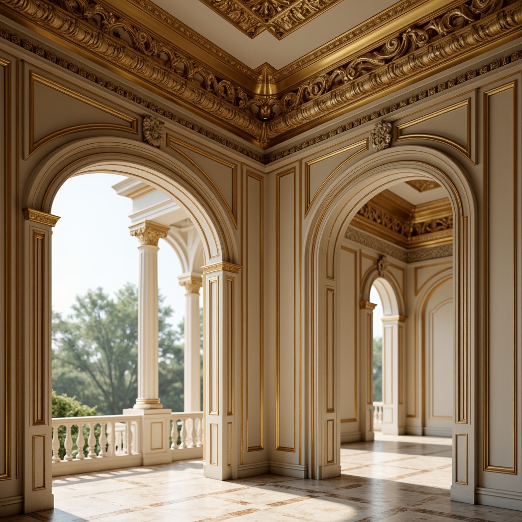 Prompt: Ornate moldings, intricate carvings, luxurious golden accents, ornamental patterns, rich wood tones, polished finishes, sophisticated detailing, refined textures, Victorian-era inspired designs, elegant cornices, decorative archways, subtle cream colors, soft warm lighting, shallow depth of field, 1/2 composition, realistic renderings.