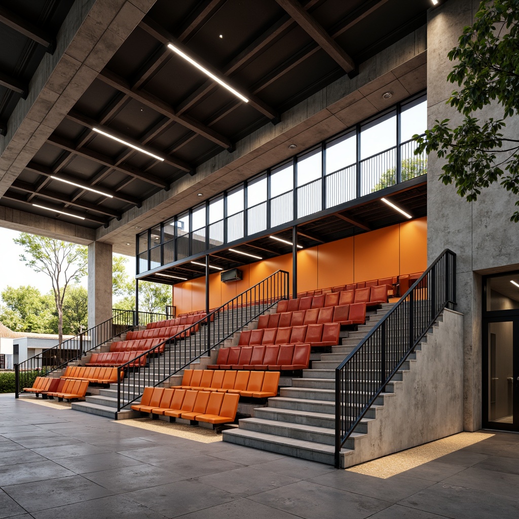 Prompt: Raked seating, stepped platforms, cantilevered rows, minimalist metal frames, bold geometric shapes, primary color accents, industrial materials, exposed ductwork, functional lighting, dramatic spotlights, open-air atmosphere, natural stone flooring, concrete walls, brutalist architecture, 3/4 composition, symmetrical axis, low-angle shot, warm afternoon light, subtle shadows.