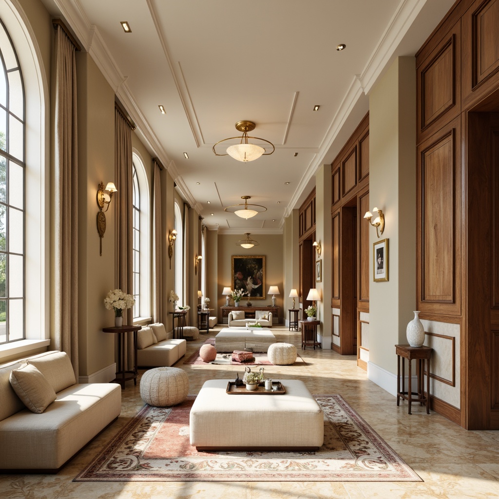 Prompt: Elegant interior, neutral color scheme, warm beige walls, rich walnut wood tones, soft cream accents, ornate gold frames, luxurious velvet fabrics, subtle marble textures, intricate patterns, classical proportions, symmetrical compositions, realistic renderings, natural light sources, softbox lighting, 1/1 aspect ratio, high-end materials, refined details, sophisticated ambiance.