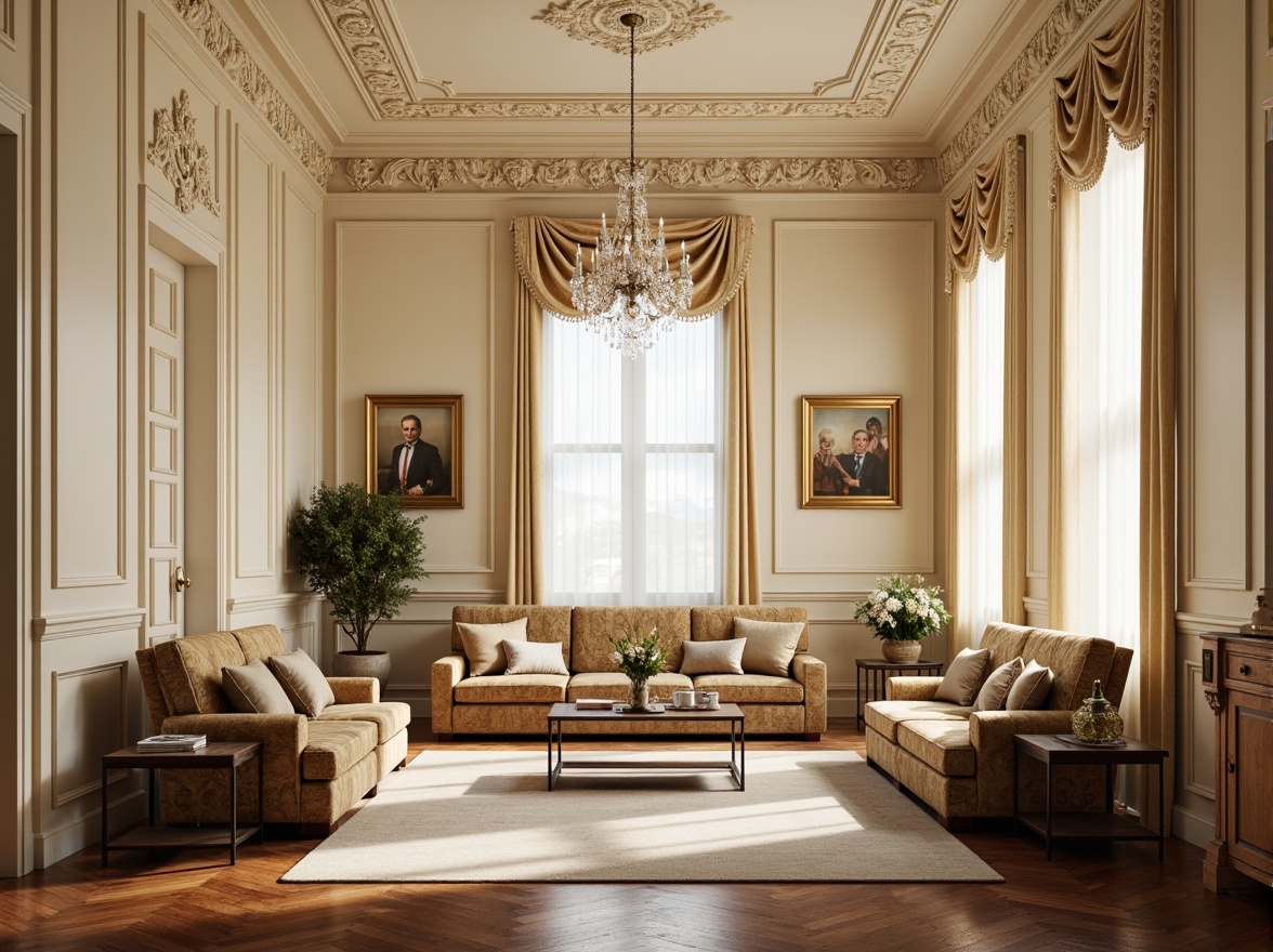 Prompt: Elegant interior space, ornate moldings, intricate carvings, luxurious materials, cream-colored walls, polished wooden floors, refined furniture pieces, velvet upholstery, crystal chandeliers, subtle lighting effects, soft warm ambiance, classic European-inspired design, ornamental ceiling details, delicate archways, sophisticated color palette, rich textures, 3/4 composition, realistic rendering, ambient occlusion.