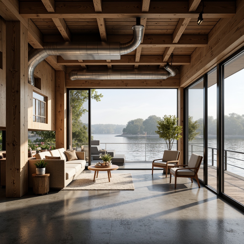 Prompt: Waterfront boathouse, minimalistic design, open floor plan, high ceilings, large windows, sliding glass doors, natural wood accents, industrial metal beams, exposed ductwork, concrete floors, modern nautical decor, sleek lines, monochromatic color scheme, abundant natural light, soft warm ambiance, shallow depth of field, 1/1 composition, realistic textures, ambient occlusion, serene lake views, surrounding foliage, misty morning atmosphere.