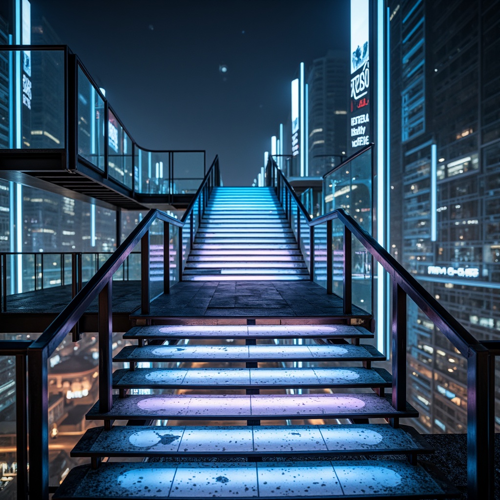 Prompt: Floating stairs, futuristic metallic railings, glowing LED steps, holographic risers, transparent glass landings, minimalist open treads, cantilevered staircases, parametric design, algorithmic geometry, neon-lit ambiance, cyberpunk-inspired aesthetic, high-tech materials, reflective surfaces, abstract patterns, immersive lighting effects, shallow depth of field, 1/1 composition, symmetrical framing, dramatic shadows, futuristic cityscape background.