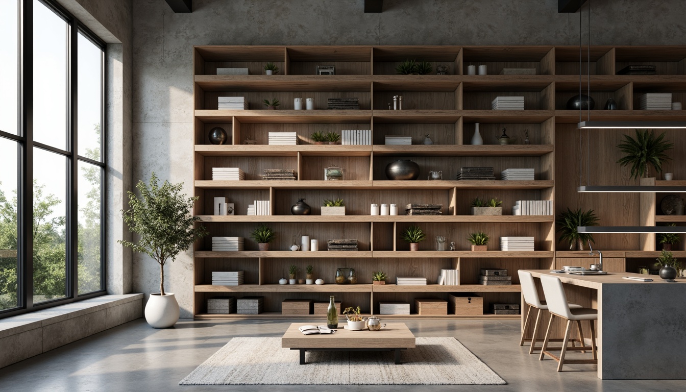 Prompt: Exposed concrete walls, industrial chic, raw wooden accents, metallic tones, matte finishes, subtle texture contrasts, functional shelving systems, sleek storage solutions, minimalist decor, monochromatic color scheme, soft warm lighting, shallow depth of field, 1/1 composition, realistic textures, ambient occlusion.