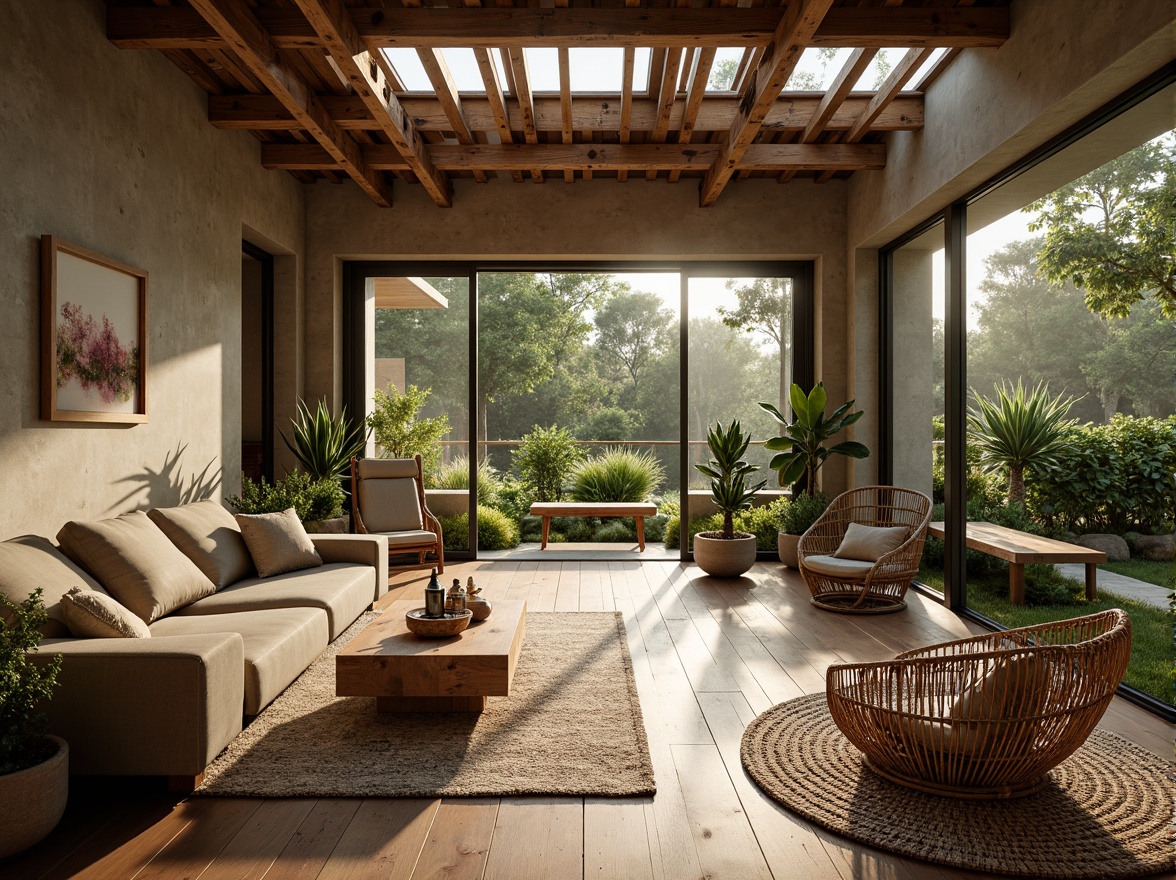 Prompt: Rustic wooden flooring, natural stone walls, woven wicker furniture, organic-shaped decor, earthy color palette, lush greenery, abundant natural light, clerestory windows, sliding glass doors, minimalist ornamentation, brutalist architecture, textured concrete surfaces, geometric patterned rugs, soft warm lighting, shallow depth of field, 3/4 composition, panoramic view.