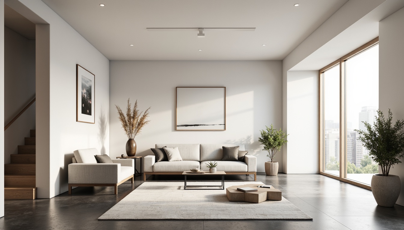 Prompt: Minimalist living room, sparse decor, monochromatic color scheme, sleek low-profile sofa, geometric coffee table, industrial metal chair, floor-to-ceiling windows, natural light pouring in, airy atmosphere, polished concrete floors, minimalist artwork, simple textiles, subtle patterns, soft warm lighting, shallow depth of field, 1/1 composition, realistic textures, ambient occlusion.