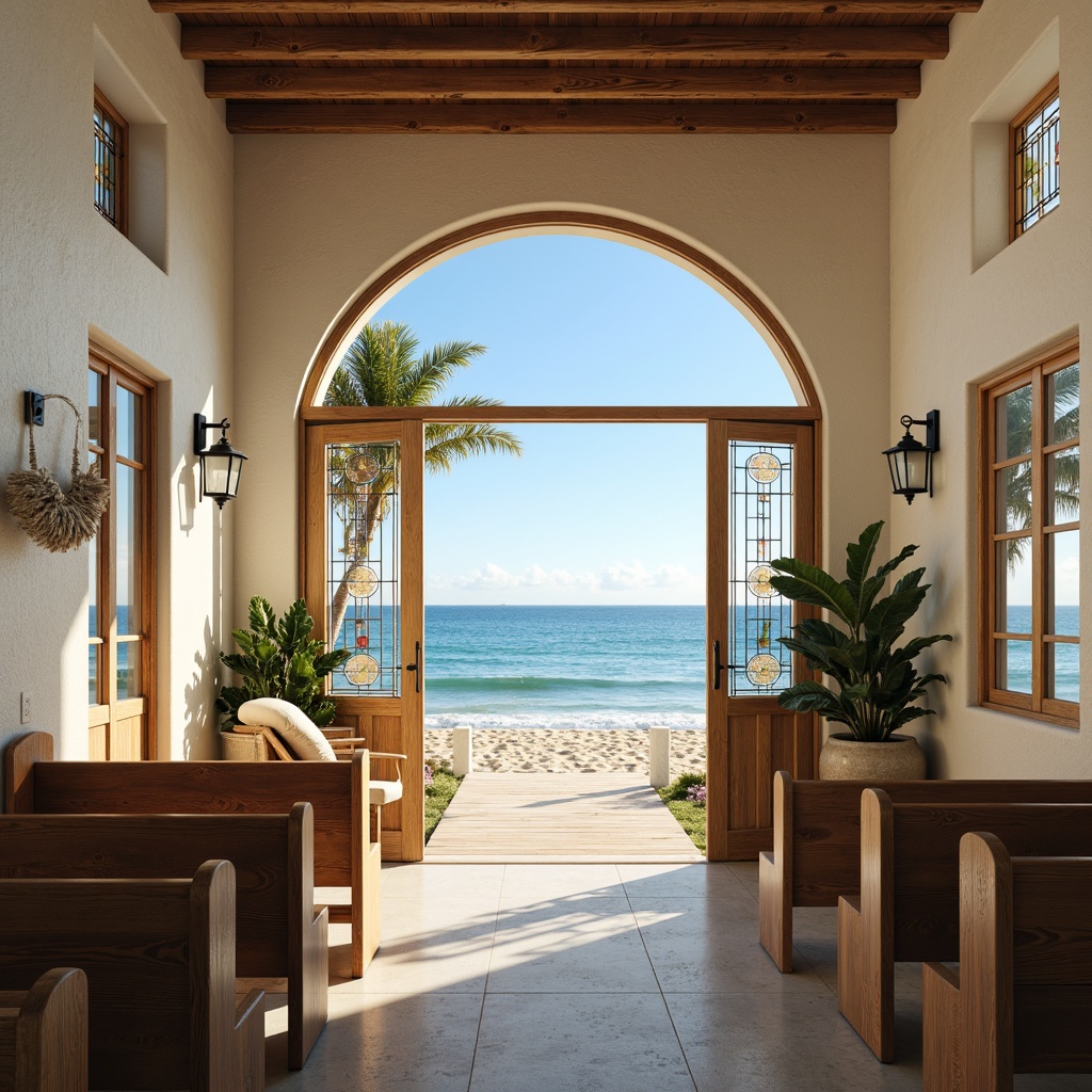 Prompt: Serene coastal landscape, sandy beach, calm ocean waves, clear blue sky, warm sunny day, natural light pouring in, stained glass windows, wooden pews, nautical-themed decor, driftwood accents, sea salt-weathered stone walls, whitewashed exterior, rustic metal lanterns, soft creamy colors, vintage nautical instruments, distressed wood textures, subtle ocean breeze, shallow depth of field, 1/1 composition, panoramic view, realistic lighting, ambient occlusion.