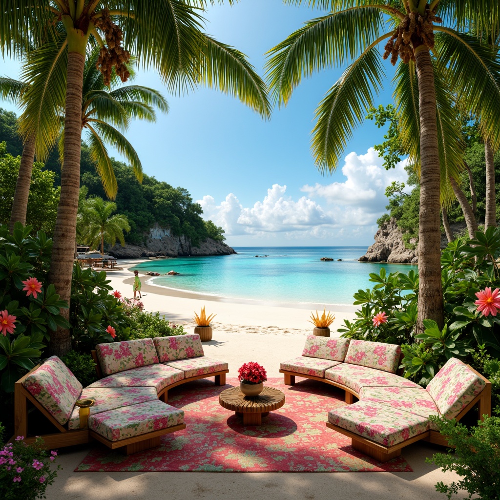 Prompt: Vibrant tropical landscape, exotic flowers, lush greenery, warm sandy beach, crystal-clear turquoise water, bright sunny day, colorful tiki torches, natural woven textiles, rattan furniture, palm tree silhouettes, floral patterns, bold bright colors, pastel hues, iridescent accents, metallic gold details, soft warm lighting, shallow depth of field, 3/4 composition, panoramic view, realistic textures, ambient occlusion.Please let me know if this meets your requirements or if you need further adjustments!