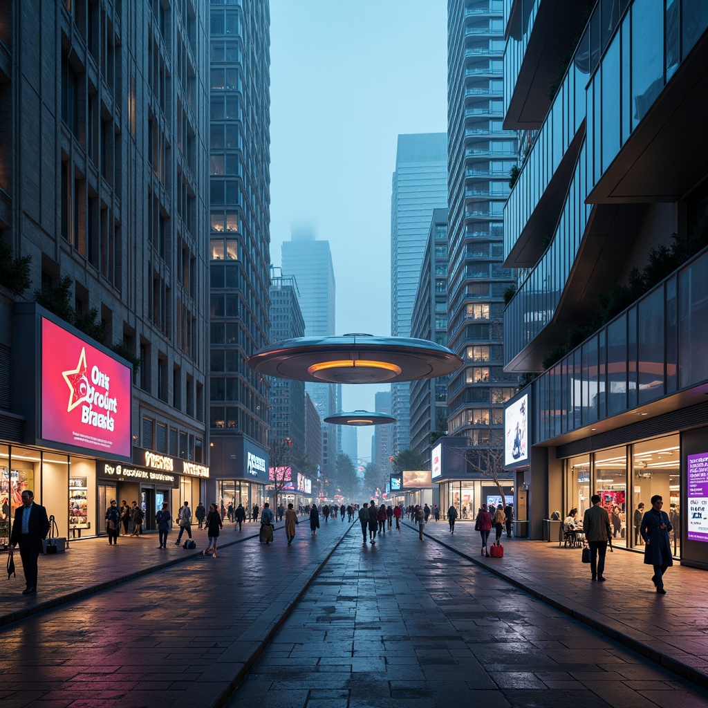 Prompt: Futuristic cityscape, neon-lit skyscrapers, curved metallic structures, holographic advertisements, levitating transportation pods, robotic pedestrians, sleek minimalistic interiors, virtual reality interfaces, augmented reality displays, cyberpunk-inspired decor, high-tech gadgetry, gleaming chrome accents, iridescent color schemes, atmospheric fog effects, cinematic lighting, dramatic shadows, 1-point perspective composition, wide-angle lens capture, futuristic typography, neon-lit walkways.