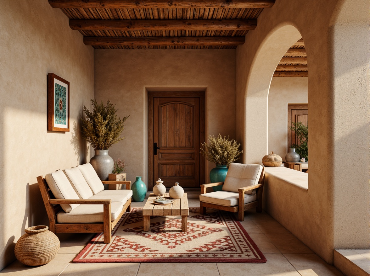 Prompt: Adobe earth tones, warm beige walls, natural stone flooring, woven baskets, vintage Navajo rugs, rustic wooden furniture, turquoise accents, clay pottery vases, desert botanicals, sandy textures, soft warm lighting, shallow depth of field, 3/4 composition, realistic textures, ambient occlusion, earthy color palette, Southwestern charm, cozy ambiance, natural materials, organic shapes, cultural heritage inspiration.