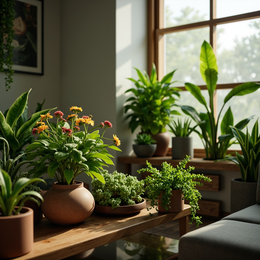 Prompt: Lush greenery, potted plants, natural textures, earthy tones, botanical illustrations, warm wooden planters, vibrant flowers, delicate tendrils, leafy greens, misty atmosphere, soft warm lighting, shallow depth of field, 3/4 composition, realistic renderings, ambient occlusion, cozy living room, modern interior design.