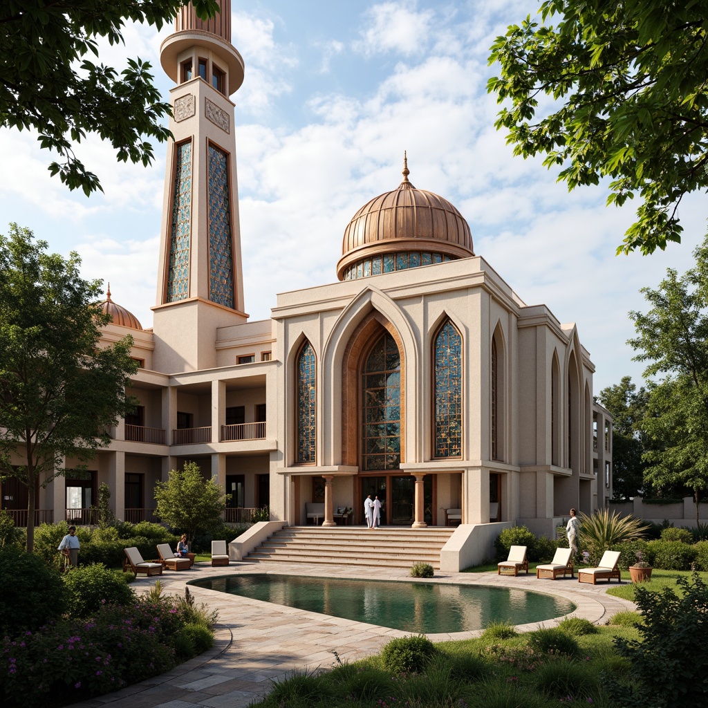 Prompt: Elegant mosque, intricately patterned Islamic architecture, natural stone fa\u00e7ade, wooden minaret, grand dome, vibrant stained glass windows, lush green courtyard, serene water features, sustainable materials, recycled wood accents, low-VOC paints, energy-efficient lighting, solar panels, wind turbines, rainwater harvesting systems, organic gardens, tranquil ambiance, soft warm lighting, shallow depth of field, 3/4 composition, realistic textures, ambient occlusion.