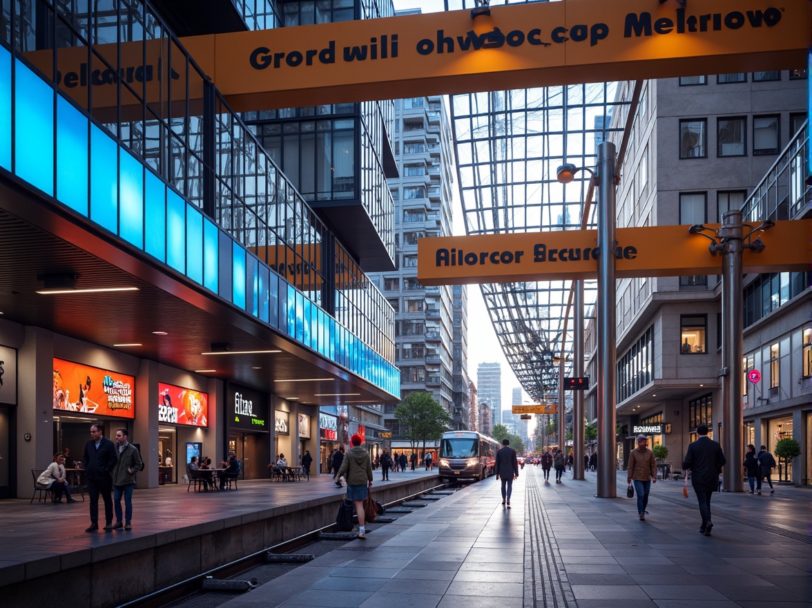 Prompt: Vibrant metro station, bold color accents, futuristic architecture, sleek metal columns, gleaming glass surfaces, modern LED lighting, dynamic signage, bustling pedestrian traffic, urban cityscape, morning rush hour, soft natural light, 1/1 composition, shallow depth of field, realistic reflections, ambient occlusion.