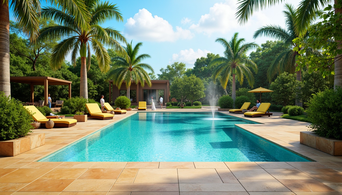 Prompt: Vibrant turquoise water, sun-kissed deck, warm beige coping stones, lush greenery surroundings, tropical palm trees, bright yellow lounge chairs, refreshing misting system, shallow crystal-clear waters, gentle lapping waves, serene ambiance, natural stone accents, earthy tone pool tiles, sunny day, soft warm lighting, 3/4 composition, panoramic view.