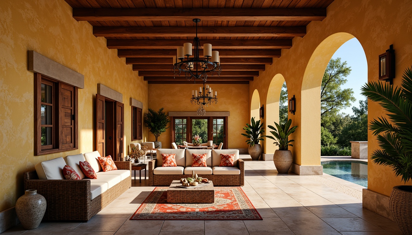 Prompt: Warm Mediterranean villa, curved lines, ornate carvings, rustic wood tones, distressed finishes, natural stone floors, arched windows, colorful ceramics, woven textiles, plush cushions, elegant chandeliers, soft warm lighting, shallow depth of field, 3/4 composition, panoramic view, realistic textures, ambient occlusion.