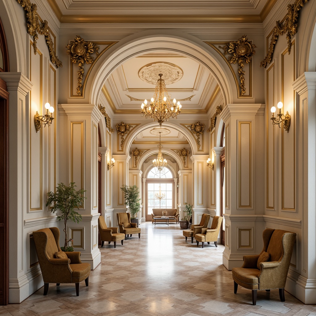 Prompt: Elegant interior, ornate moldings, intricate carvings, classical columns, grand archways, symmetrical compositions, luxurious chandeliers, rich velvet fabrics, ornamental patterns, subtle cream colors, polished marble floors, refined wooden accents, subtle golden lighting, shallow depth of field, 1/1 composition, realistic textures, ambient occlusion.