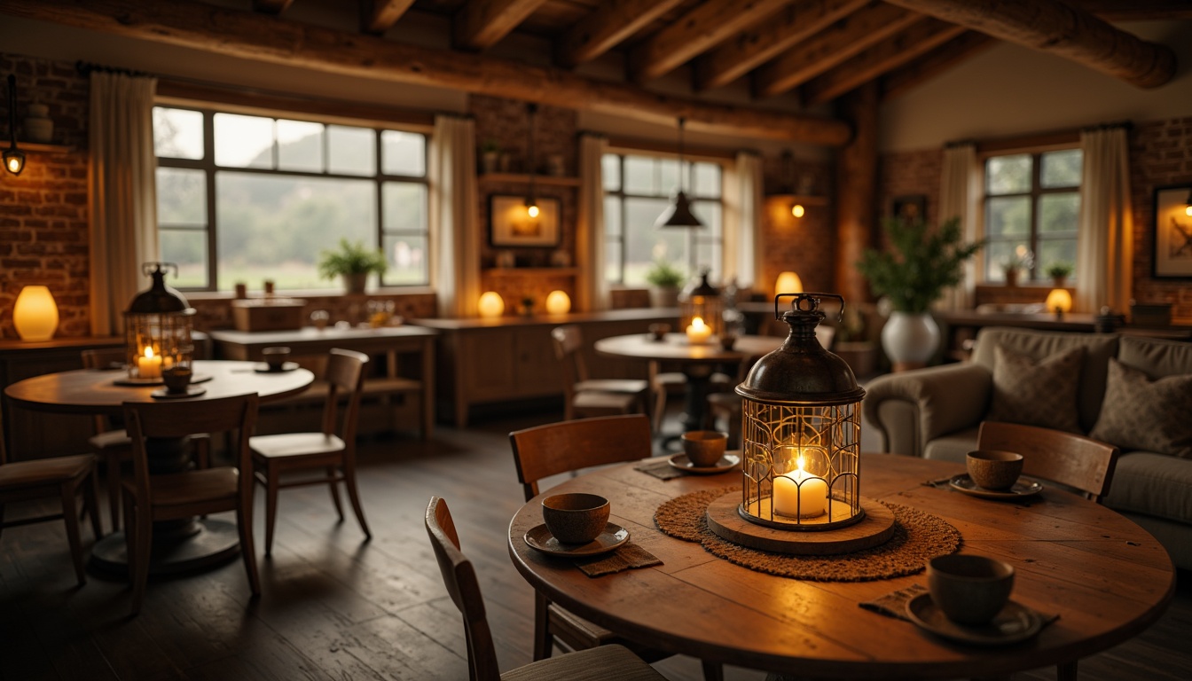 Prompt: Warm rustic farmhouse, vintage metal lanterns, soft golden lighting, candles on wooden tables, dimmable pendant lights, natural textures, earthy color palette, cozy atmosphere, cinematic composition, low-key lighting, subtle shadows, warm beige tones, distressed wood accents, industrial chic decor, rural landscape views, misty morning ambiance, shallow depth of field, 2/3 composition, realistic rendering.