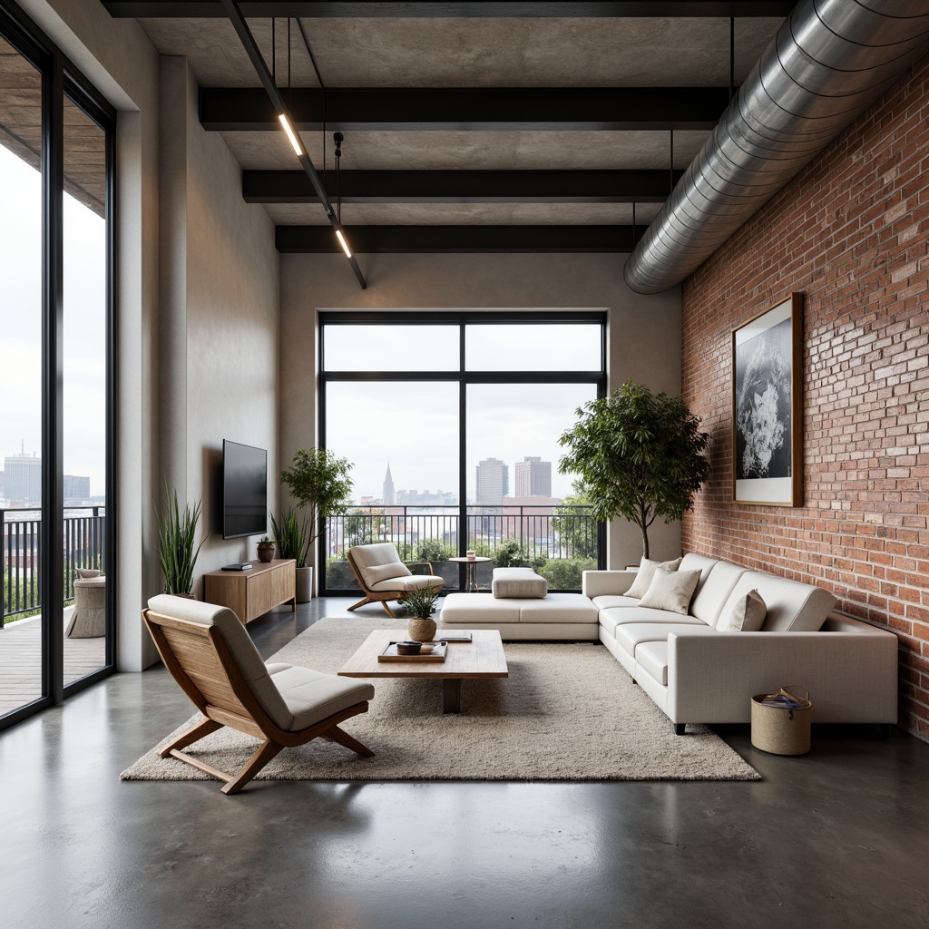 Prompt: Minimalist living room, functional furniture, industrial materials, exposed brick walls, polished concrete floors, metal beams, sparse decorations, monochromatic color scheme, geometric shapes, clean lines, minimal ornamentation, functional lighting, task-oriented layouts, open floor plans, airy atmosphere, abundant natural light, large windows, sliding glass doors, urban landscape views, neutral background, accentuated textures, subtle color contrasts, 1/1 composition, soft box lighting.