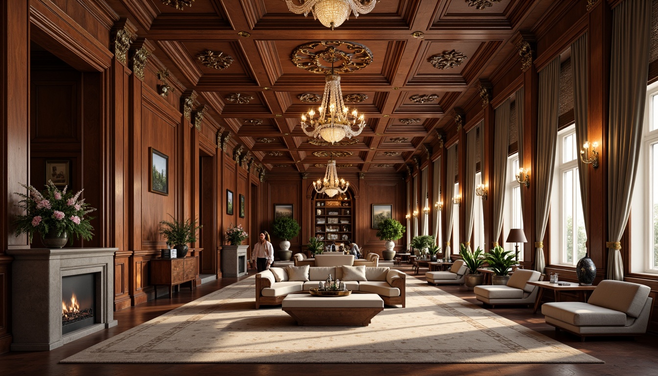 Prompt: Ornate moldings, intricate carvings, luxurious wood tones, polished chrome accents, lavish furnishings, sophisticated lighting fixtures, opulent fabrics, regal color palette, stately archways, grandiose columns, refined interior design, classical architectural elements, subtle textures, soft warm illumination, shallow depth of field, 1/2 composition, realistic rendering.