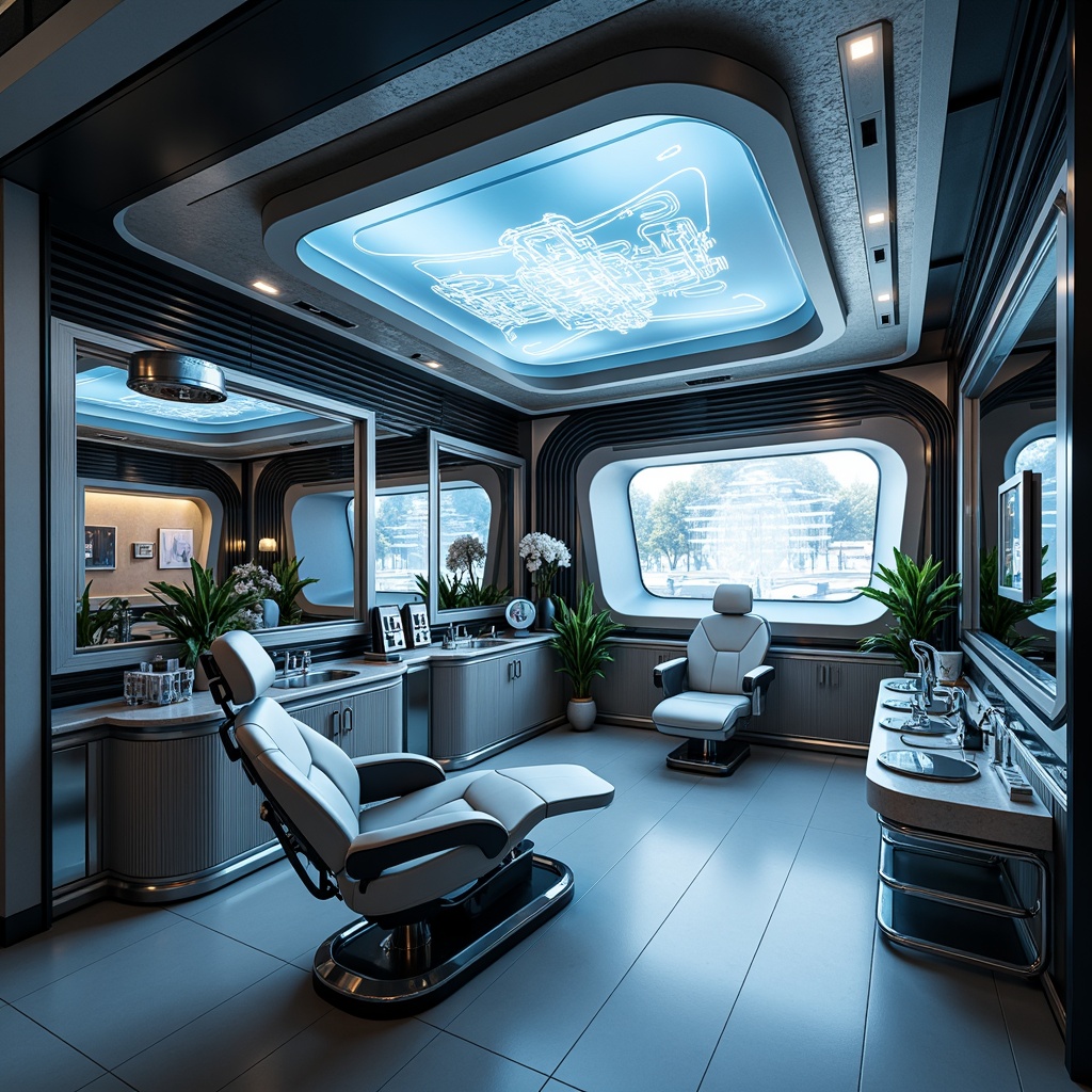 Prompt: Sleek dental clinic, futuristic interior design, metallic accents, neon light installations, holographic displays, minimalist furniture, curved lines, ergonomic chairs, hydraulic systems, automated equipment, sterilization units, LED lighting, glass partitions, chrome fixtures, high-tech ambiance, ambient occlusion, shallow depth of field, 3/4 composition, panoramic view, realistic textures, soft warm glow, modern futuristic aesthetic.