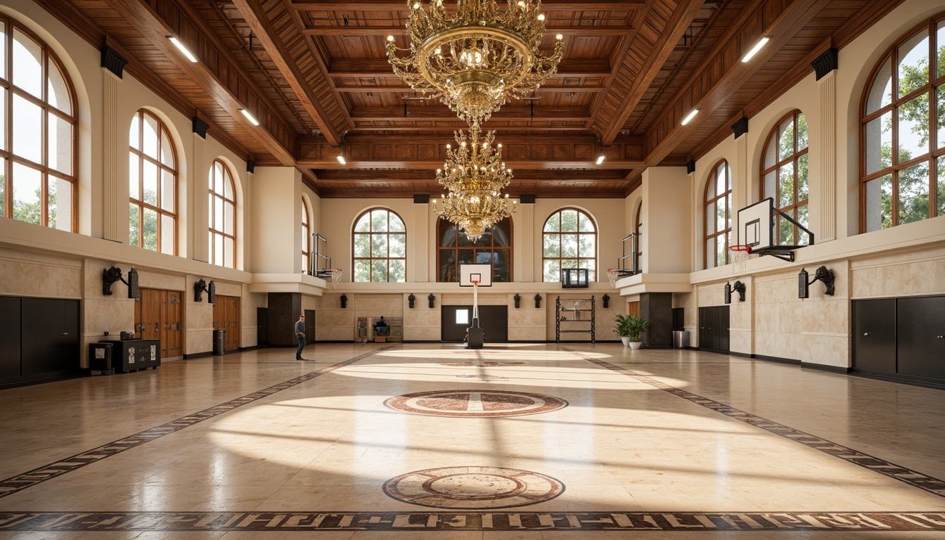 Prompt: Elegant gymnasium interior, neoclassical architecture, polished marble flooring, intricate mosaic patterns, ornate bronze fixtures, wooden accents, athletic equipment, basketball hoops, sports mats, grand chandeliers, tall ceilings, arched windows, natural light, warm beige tones, classic columns, ornamental moldings, subtle texture variations, shallow depth of field, 1/1 composition, realistic reflections, ambient occlusion.