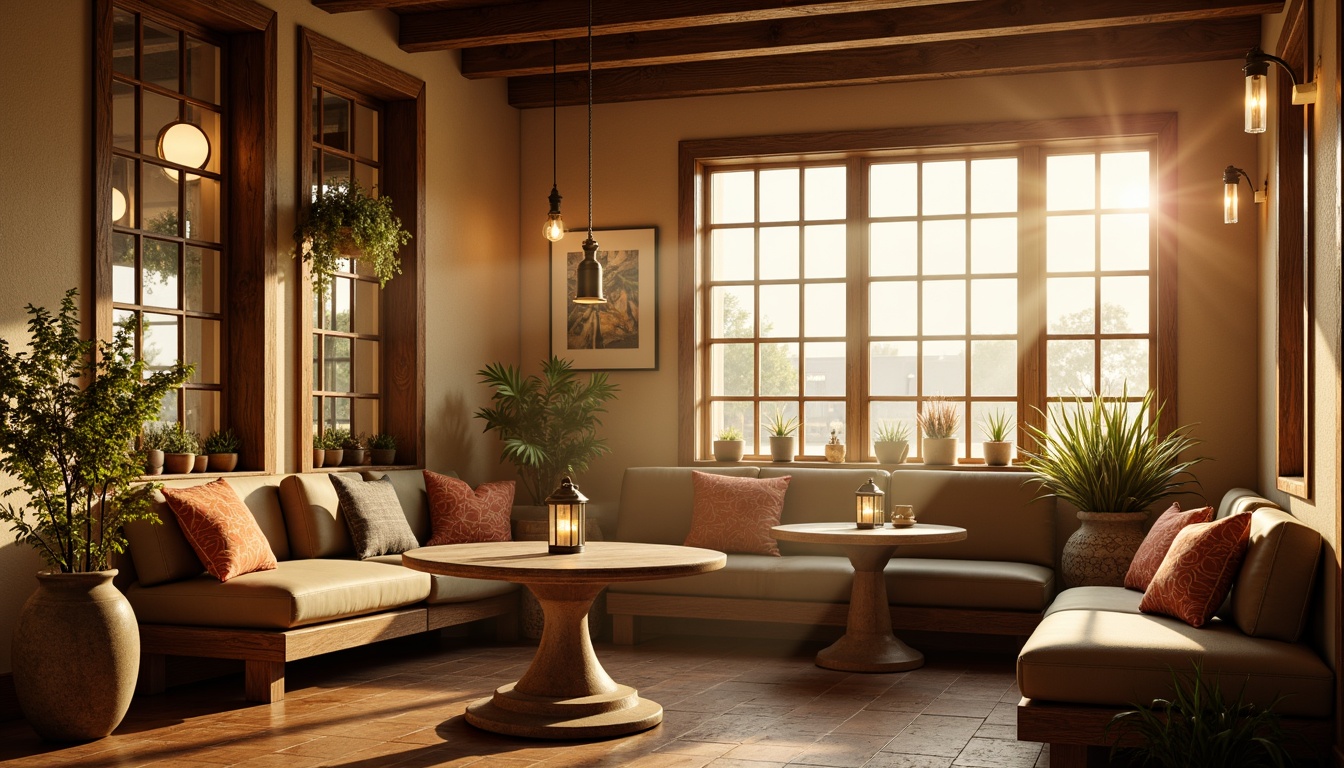 Prompt: Warm breakfast nook, soft golden lighting, rustic wooden accents, plush cushions, natural stone flooring, vintage metal lanterns, warm beige walls, cozy corner benches, circular tables, pendant lamps, gentle shadows, morning sunlight, soft focus, shallow depth of field, 1/2 composition, inviting atmosphere, realistic textures, ambient occlusion.