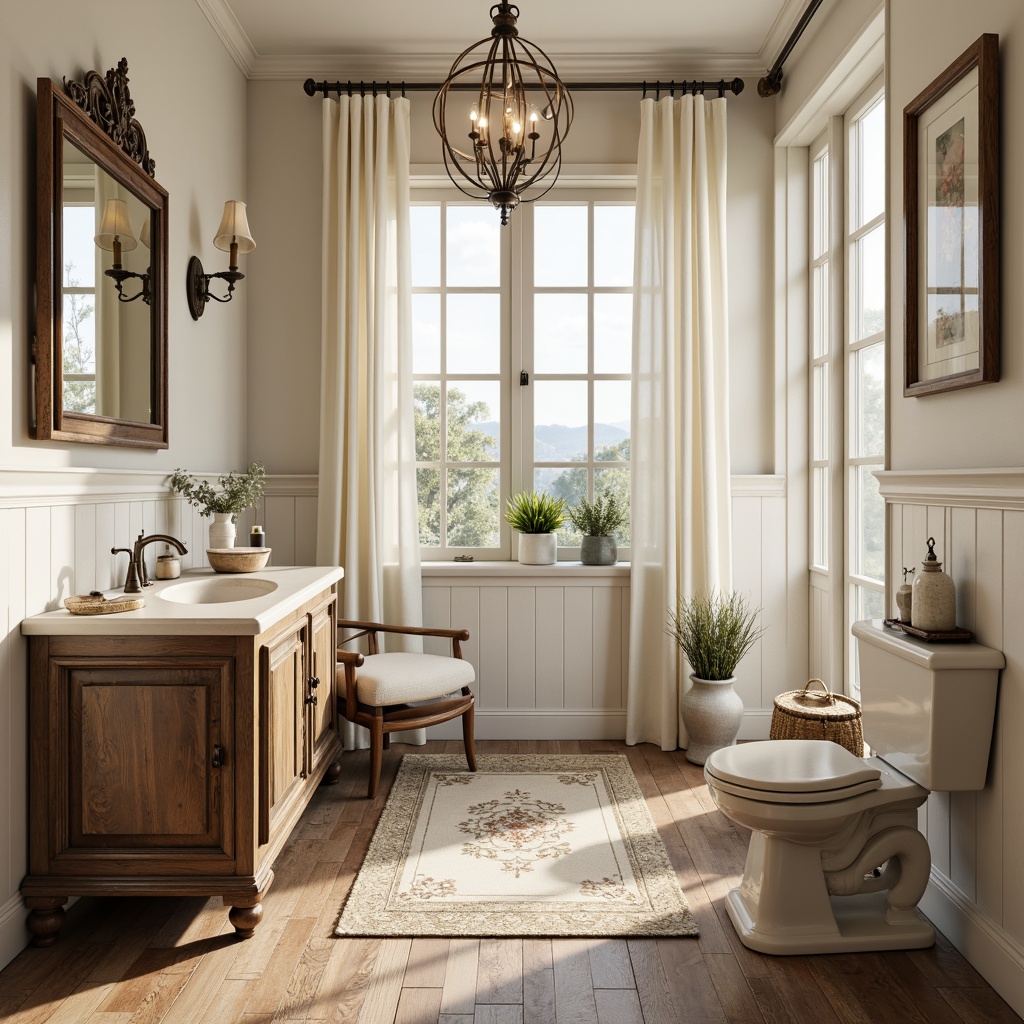 Prompt: Rustic French country style powder room, distressed wood flooring, reclaimed oak planks, soft beige tones, creamy whites, gentle warm lighting, ornate wooden furniture, antique mirrors, floral patterned rugs, limestone walls, vintage accessories, soft pastel colors, elegant chandelier, subtle sheen finish, herringbone layout, traditional French decorative accents.