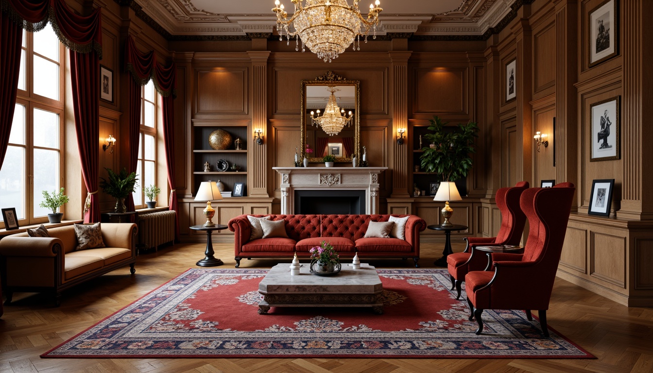 Prompt: Elegant living room, rich wood tones, ornate carvings, velvet upholstery, antique furniture pieces, intricately patterned rugs, crystal chandeliers, marble coffee tables, tufted sofas, wingback chairs, carved wooden cabinets, gilded frames, classic columns, subtle warm lighting, soft focus, 1/2 composition, realistic reflections, ambient occlusion.