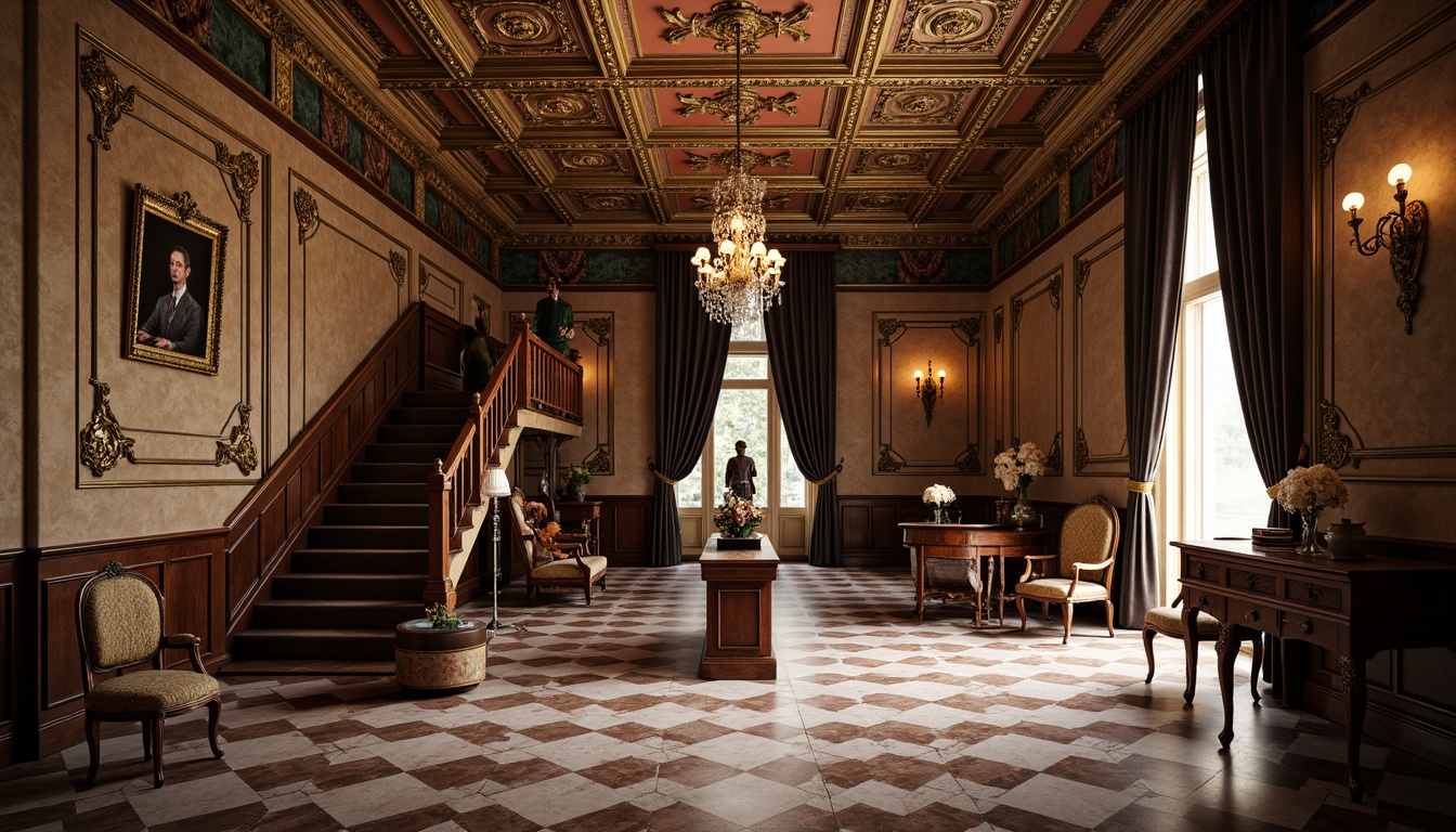 Prompt: Ornate Victorian-era mansion, grand staircase, intricately molded plaster ceiling, ornamental wainscoting, heavily patterned wallpapers, luxurious velvet drapes, gilded frames, antique furniture, rich wood tones, polished marble floors, crystal chandeliers, soft warm lighting, shallow depth of field, 3/4 composition, realistic textures, ambient occlusion.