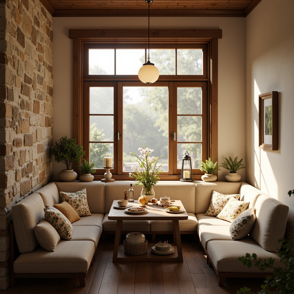 Prompt: Cozy breakfast nook, warm ambient lighting, soft pastel colors, rustic wooden accents, plush cushions, natural stone walls, vintage metal lanterns, warm white pendant lights, frosted glass shades, delicate floral patterns, creamy whites, gentle morning sunlight, shallow depth of field, 1/1 composition, intimate atmosphere, inviting textures.