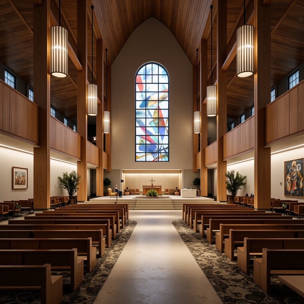 Prompt: Contemporary church interior, minimalist altar, sleek wooden pews, polished concrete floors, geometric patterned carpets, ambient lighting, vaulted ceilings, stained glass windows, modern chandeliers, abstract artwork, subtle color palette, soft warm lighting, shallow depth of field, 3/4 composition, realistic textures, ambient occlusion.