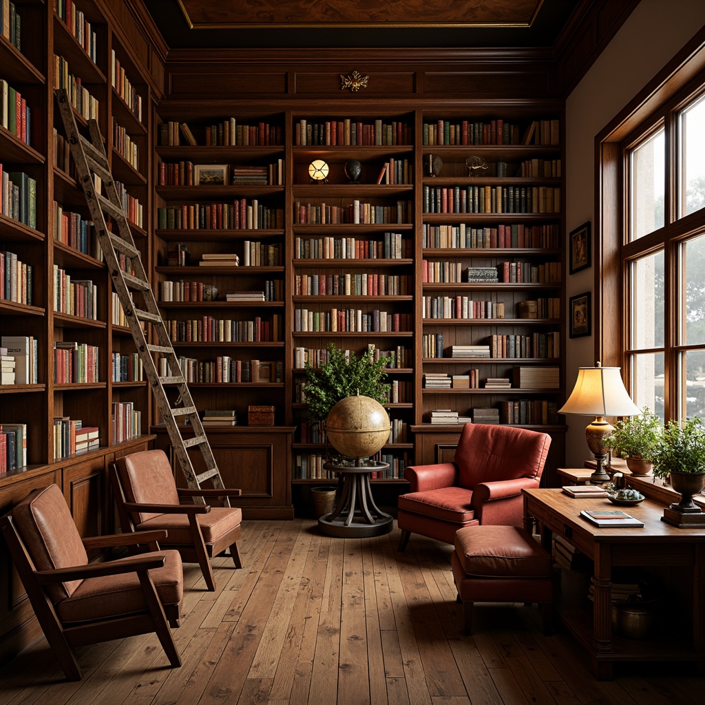 Prompt: Cozy traditional bookstore, warm wooden shelving, rich leather-bound tomes, ornate metal ladder, vintage reading lamps, plush armchairs, rustic wooden flooring, soft warm lighting, intimate reading nooks, floor-to-ceiling bookcases, classic novels, antique globe, nostalgic atmosphere, earthy color palette, comforting ambiance, subtle scents of old books, shallow depth of field, 2/3 composition, realistic textures, ambient occlusion.