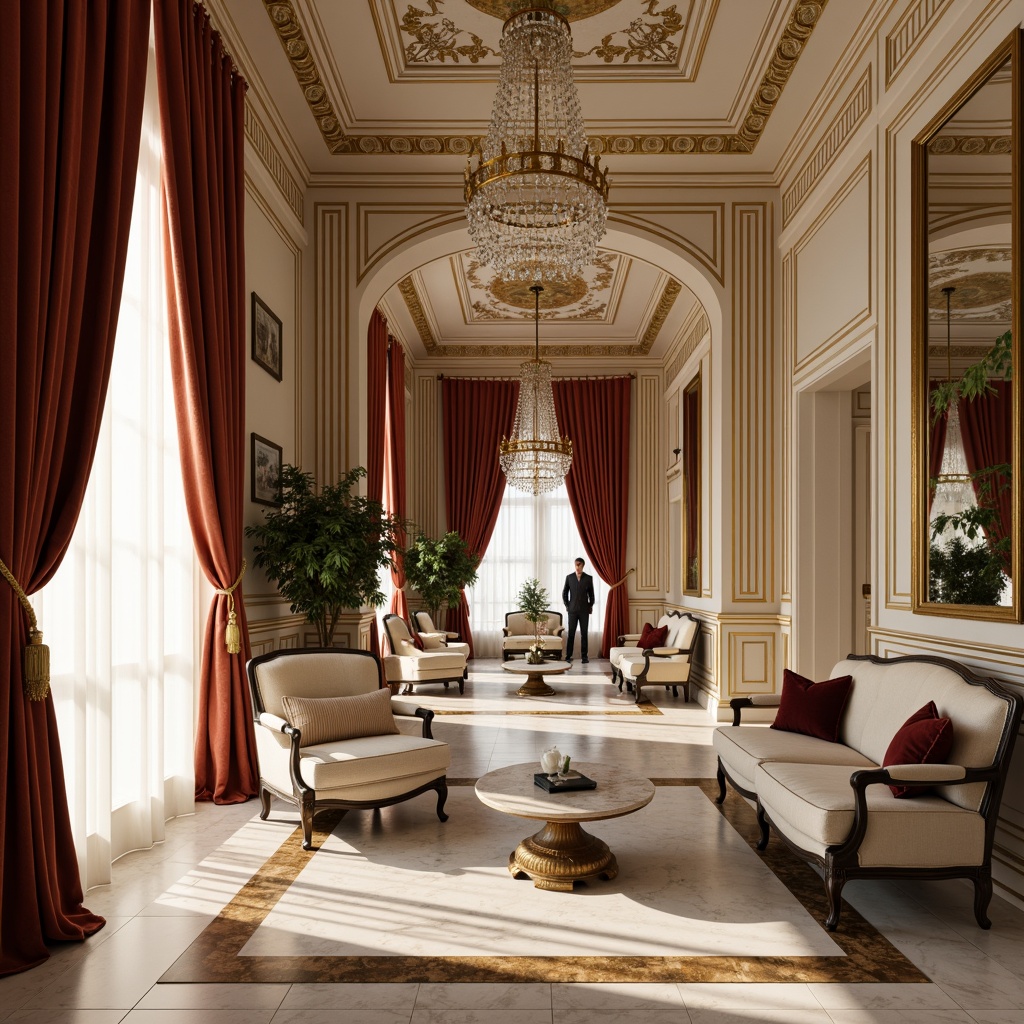 Prompt: Rich velvet drapes, polished marble floors, ornate gold accents, carved wooden paneling, intricate plaster moldings, luxurious silk upholstery, soft cream-colored walls, crystal chandeliers, antique bronze fixtures, elegant curved lines, symmetrical compositions, warm golden lighting, shallow depth of field, 1/1 composition, realistic textures, ambient occlusion.