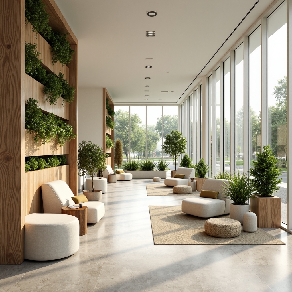 Prompt: Calming modern office, sleek minimalist furniture, soft pastel hues, creamy whites, warm beige accents, natural wood textures, floor-to-ceiling windows, abundance of greenery, living walls, gentle ambient lighting, 1/1 composition, shallow depth of field, realistic renderings, subtle gradient effects.