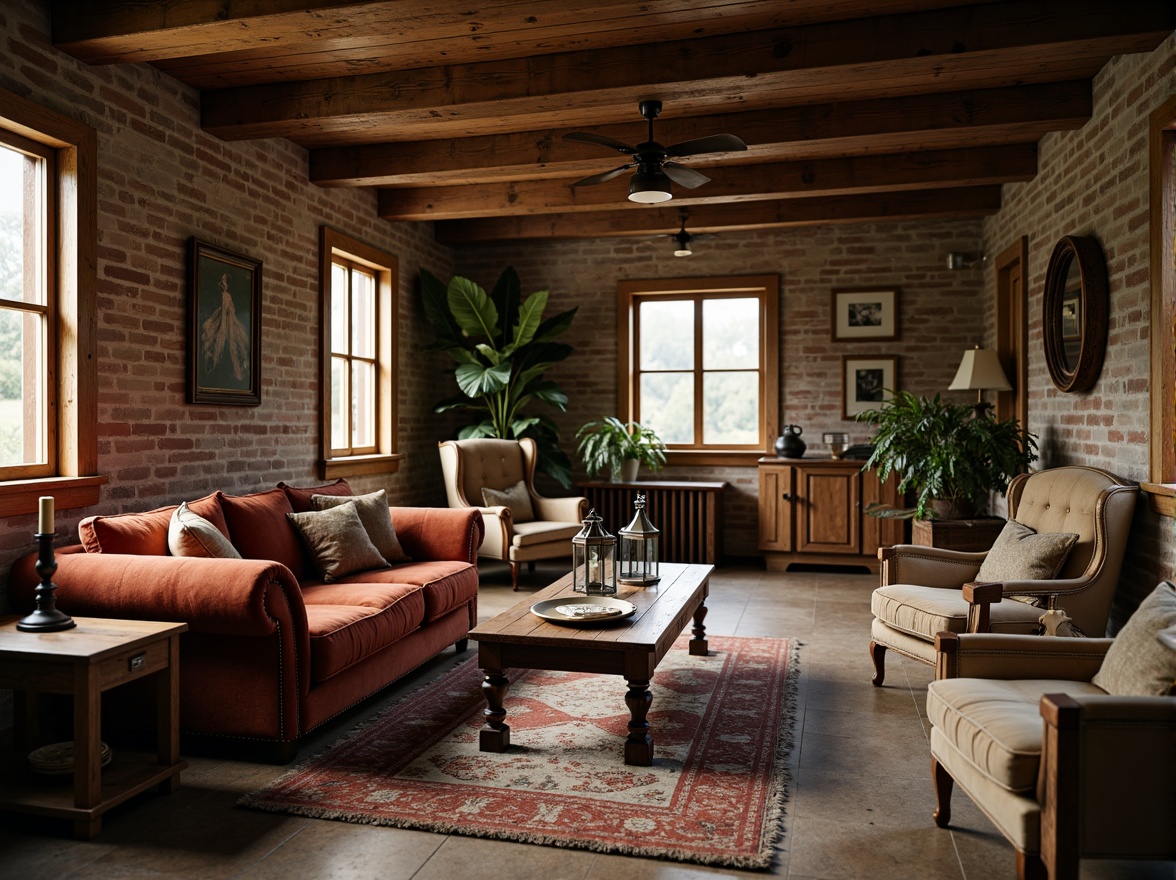 Prompt: Rustic farmhouse, vintage decor, distressed wood furniture, plush velvet sofas, antique armchairs, wooden coffee tables, metal lanterns, brick walls, stone floors, natural textiles, earthy color palette, warm soft lighting, shallow depth of field, cinematic composition, 1/2 shot, Dutch angle, cozy atmosphere, nostalgic ambiance.