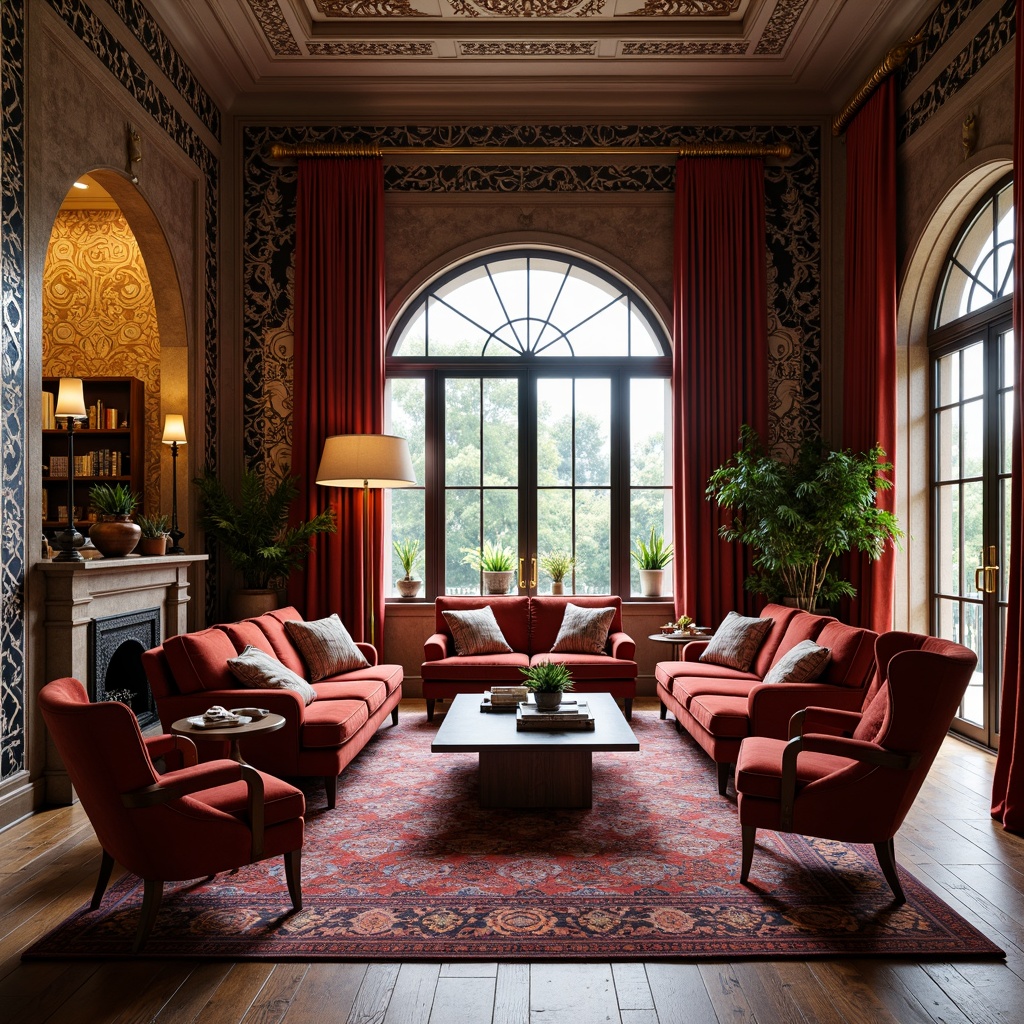 Prompt: Luxurious living room, rich velvet fabrics, intricate geometric patterns, Moroccan-inspired tiles, bold color schemes, statement wallpaper, ornate furniture legs, plush area rugs, metallic accents, ambient lighting, cozy reading nook, oversized windows, natural wood flooring, 1/2 composition, warm softbox lighting, realistic textures, subtle shadowing.