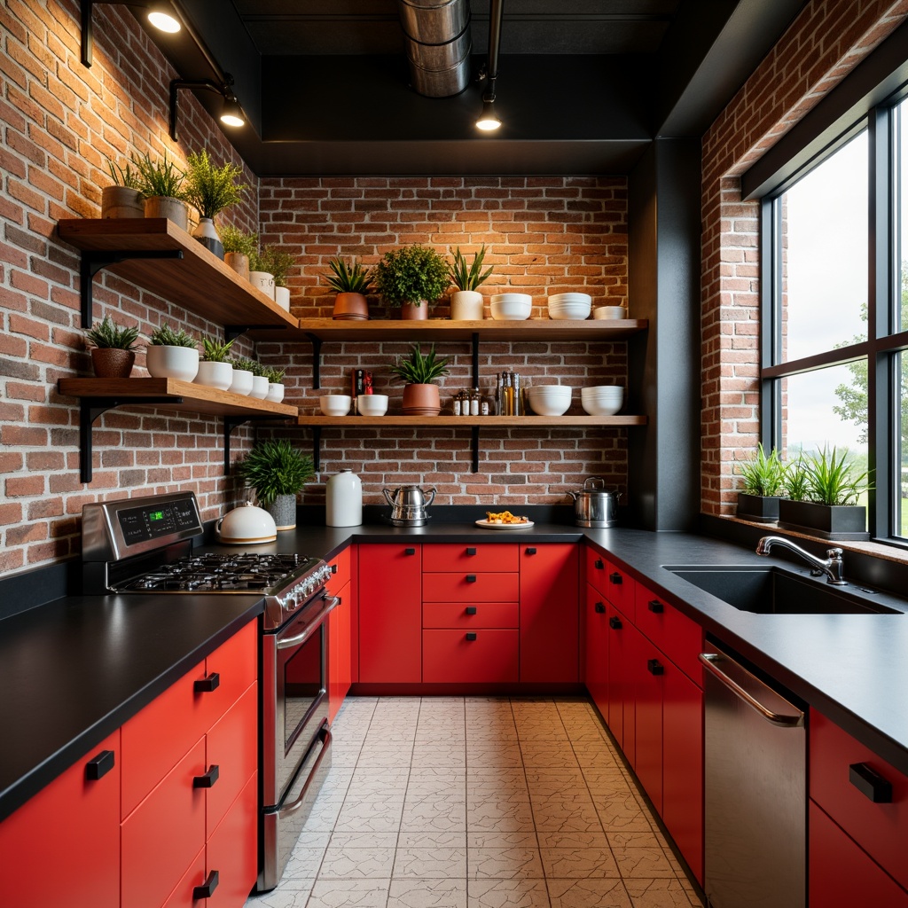 Prompt: Industrial-chic pantry, sleek metal cabinets, bold primary colors, rustic wooden shelves, exposed brick walls, minimalist hardware, industrial-style lighting, matte black countertops, ceramic tiles, functional simplicity, geometric patterns, monochromatic color scheme, clean lines, rectangular shapes, modernist aesthetic, natural materials, textured finishes, warm ambient lighting, 1/1 composition, shallow depth of field.