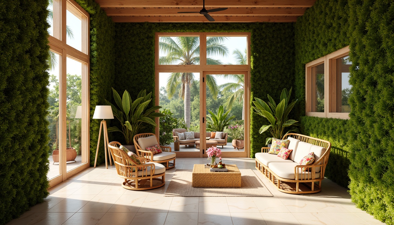 Prompt: Vibrant tropical interior, lush greenery walls, natural rattan furniture, woven bamboo accents, creamy white marble floors, large windows, sliding glass doors, warm golden lighting, shallow depth of field, 1/1 composition, realistic textures, ambient occlusion, exotic floral patterns, colorful textiles, intricate wood carvings, organic shapes, breezy atmosphere, sunny day, soft warm glow.