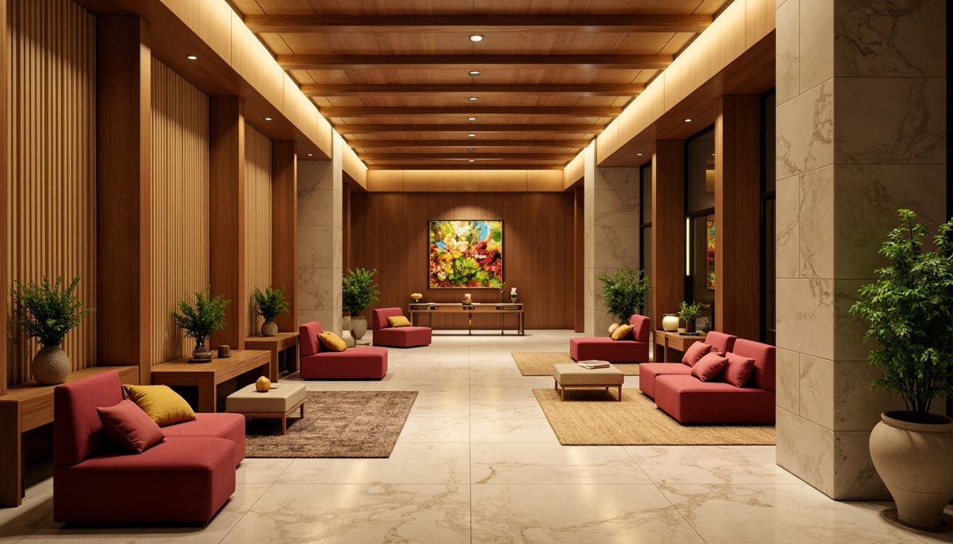 Prompt: Warm inviting lobby, rich wood accents, soft velvet sofas, elegant marble floors, warm beige walls, subtle gold lighting, lush green plants, vibrant artwork, natural stone columns, modern minimalist furniture, plush area rugs, ambient cozy atmosphere, soft warm glow, shallow depth of field, 1/1 composition, realistic textures, soft focus blur.