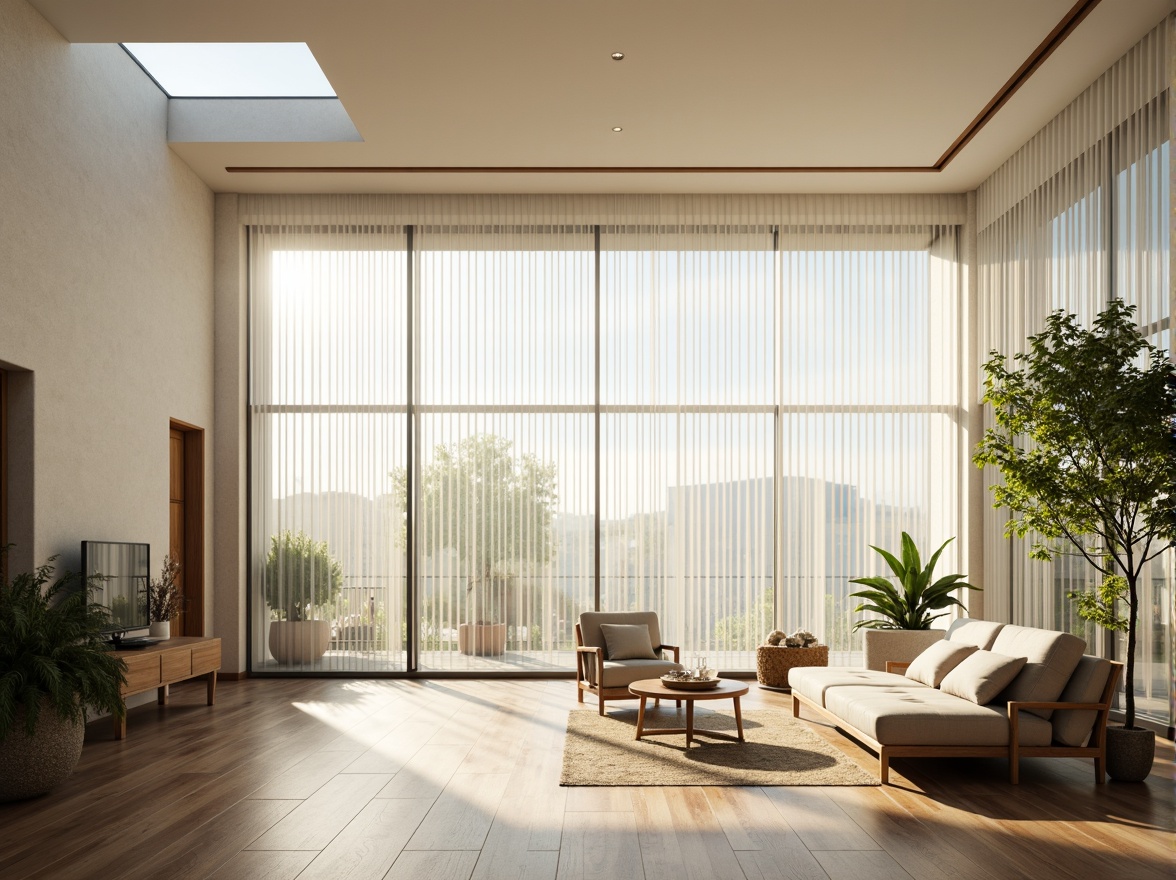 Prompt: Minimalist interior, abundant natural light, floor-to-ceiling windows, sheer white curtains, polished wooden floors, reflective surfaces, subtle shadows, ambient occlusion, soft warm glow, diffused light, clerestory windows, skylights, solar tubes, green roofs, living walls, eco-friendly materials, sustainable building practices, modern architecture, open floor plans, airy atmosphere, comfortable seating areas, lush indoor plants, serene ambiance, shallow depth of field, 1/1 composition, realistic textures.