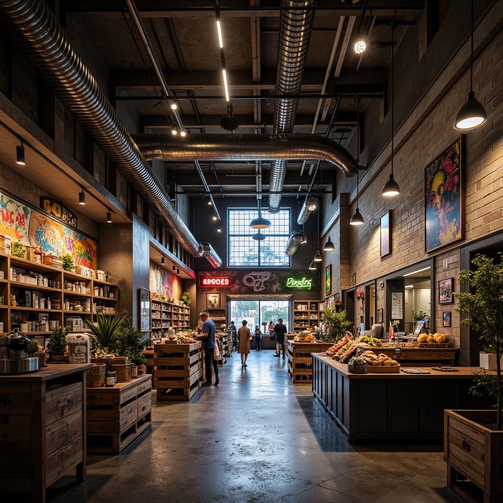 Prompt: Industrial brutalist market interior, exposed ductwork, concrete floors, steel beams, reclaimed wood accents, industrial lighting fixtures, neon signage, raw metal surfaces, distressed finishes, urban graffiti, vibrant street art, eclectic vintage decor, rustic wooden crates, moody atmospheric lighting, shallow depth of field, 1/1 composition, cinematic color grading.