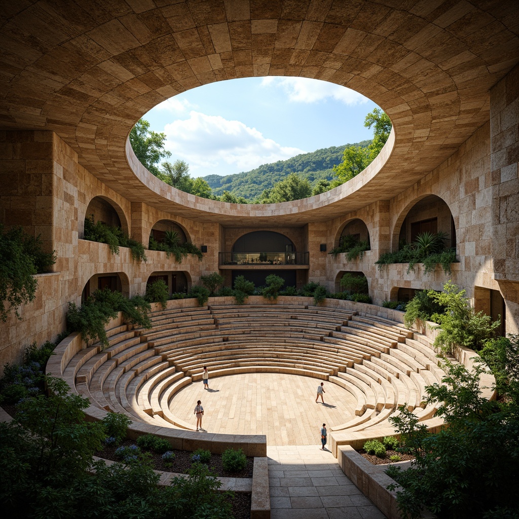 Prompt: Natural stone amphitheater, tiered seating, lush greenery surroundings, acoustic shell, sound-reflecting surfaces, wooden stage flooring, overhead canopies, warm afternoon sunlight, soft ambient lighting, 1/2 composition, shallow depth of field, realistic textures, ambient occlusion, curved lines, organic shapes, earthy color palette, comfortable audience seating, optimal sound diffusion, clear audio clarity.