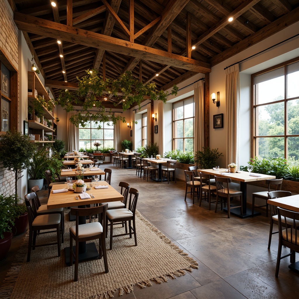 Prompt: Rustic farmhouse dining hall, reclaimed wooden tables, vintage metal chairs, natural linen upholstery, woven jute rugs, earthy color palette, soft warm lighting, exposed brick walls, wooden beams, traditional country style, cozy atmosphere, abundant greenery, potted plants, distressed wood accents, classic checkered patterns, cotton lace curtains, natural fabrics, organic textures, 3/4 composition, intimate setting, warm color tones.