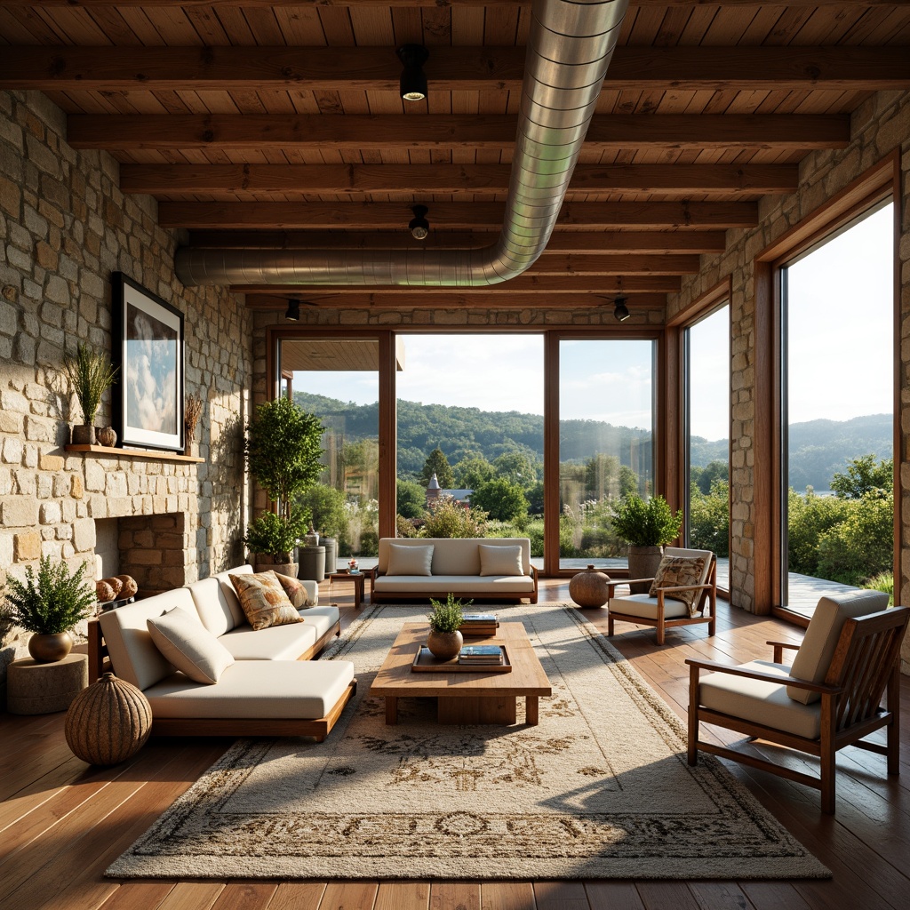 Prompt: Rustic farmhouse, open floor plan, wooden beams, exposed ductwork, natural stone walls, earthy color palette, vintage decorative accents, distressed wood furniture, plush area rugs, large windows, sliding glass doors, countryside views, rolling hills, lush greenery, wildflowers, sunny day, soft warm lighting, shallow depth of field, 3/4 composition, panoramic view, realistic textures, ambient occlusion.